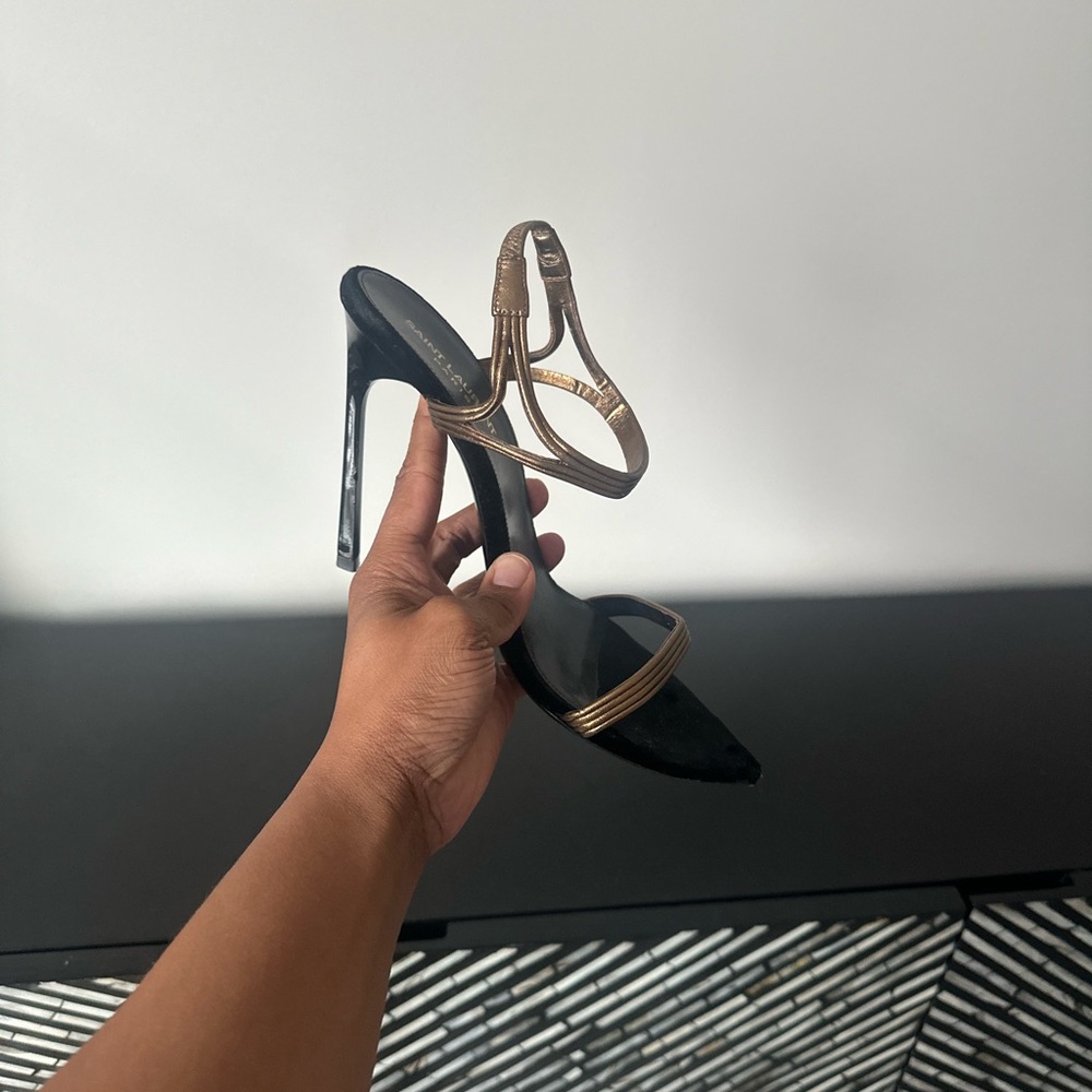 Saint Laurent Black and Gold Strappy Heels